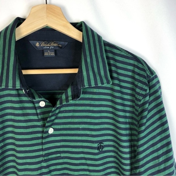 Brooks Brothers Slim Fit Green & Blue Stripe Short Sleeve Polo L - Picture 3 of 4